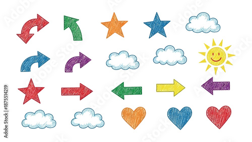 Playful Icons Collection: A vibrant assortment of hand-drawn icons, including arrows, stars, clouds, and hearts, invites creativity and adds a touch of whimsy to any project. 