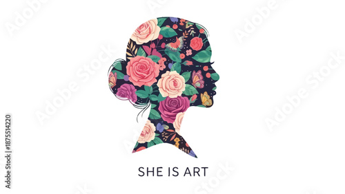 Vibrant floral human head silhouette with roses and leaves on white background symbolizing art and nature