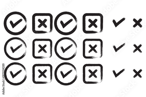 Grunge crayons drawn tick and cross symbols set. Chalk stroke green and red handwriting checkbox wrong right choice marks with rough texture vector graphic