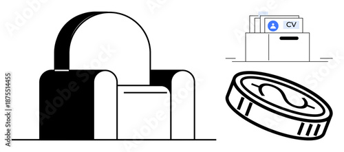 Recruitment concept. Recruitment with resume files, a chair opportunity, and a coin for compensation. Recruitment and hiring processes for HR, career growth, job markets, and employment platforms