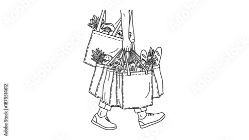 Minimalist Line Art Illustration of a Person Carrying Multiple Reusable Grocery Bags Filled with Fresh Produce.