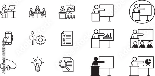 Business and education icons for presentations and learning meeting