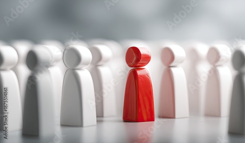 Close-up of group of faceless figurines; one red stands out amongst many white ones