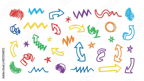 Doodle Arrows and Shapes: A vibrant collection of hand-drawn arrows, lines, and shapes in a spectrum of cheerful colors, perfect for conveying direction, emphasis, and creative flair.