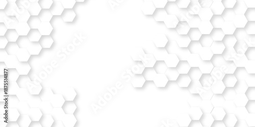 White technology paper abstract hexagonal paper background. Luxury wall white grid Pattern bee design. Futuristic emboss honeycomb mosaic white background.