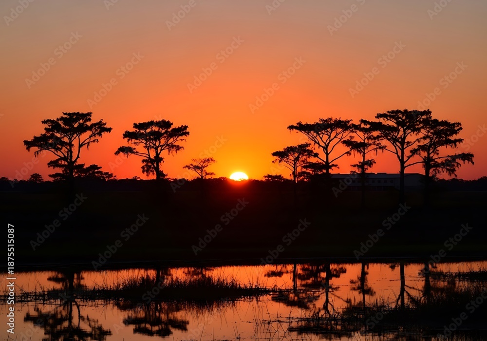 Naklejka premium Silhouetted cypress trees reflect in still water during a vibrant sunset.