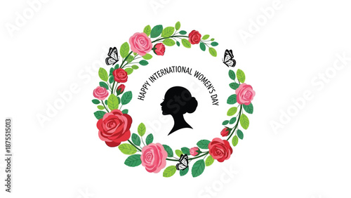 International women's day logo with floral wreath and silhouette