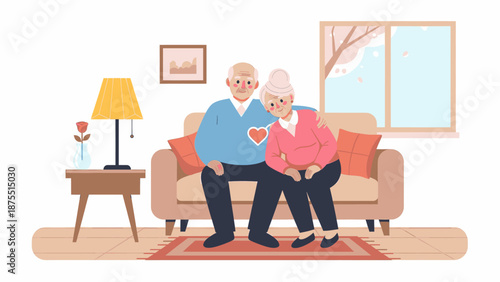 Elderly Couple Sitting On Sofa With Love And Care