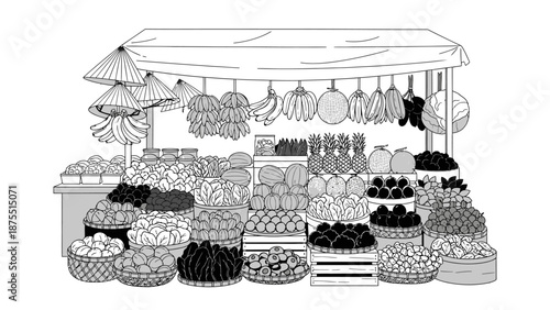 Traditional Asian Fruit Market Stall Illustration.