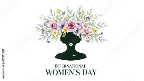 International women's day illustration with floral head silhouette on white background