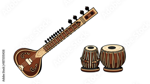 Traditional Indian musical instruments Sitar and Tabla set.