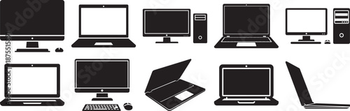 Collection of various computer devices including desktop pcs and laptops in silhouette form Vector