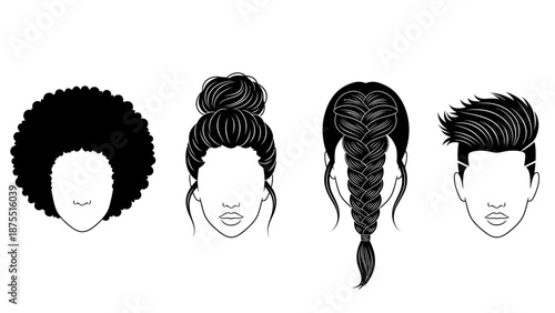 Collection of diverse hairstyles for men and women, black and white line art vector.