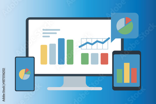 Business Data Analytics Dashboard with Charts on Desktop, Tablet and Mobile Devices