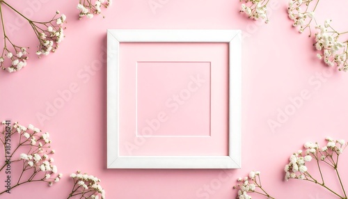 Minimal floral frame with white square border on soft blush pink background