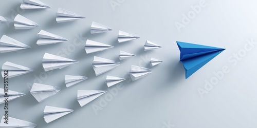 Blue paper plane leading a fleet of white followers, demonstrating innovative leadership and market change, great solution for business growth