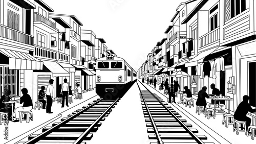 Black and white illustration of a train passing through a crowded street market.