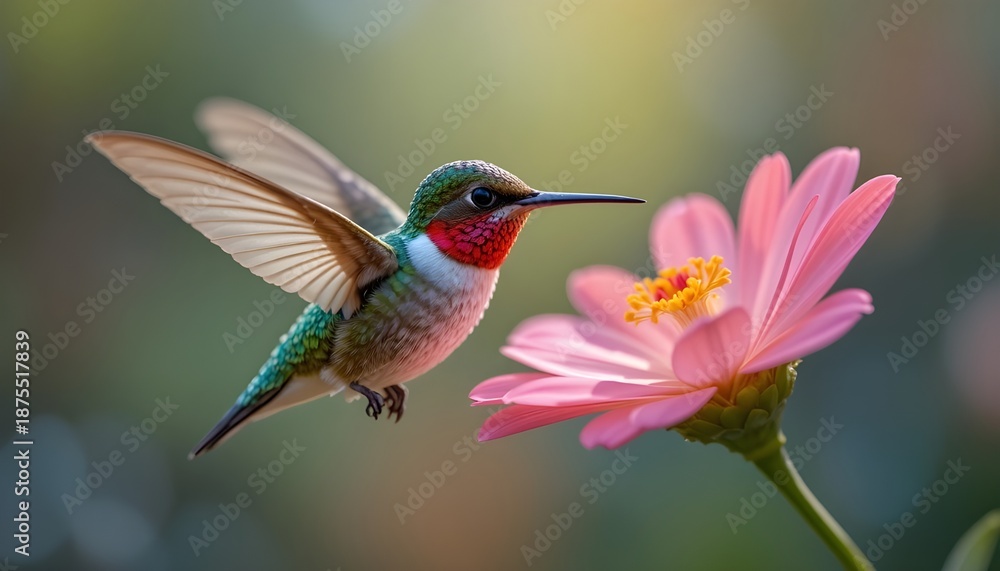 Fototapeta premium Cute hummingbird hovering near flower, frozen motion, vibrant colors, macro wildlife photography high detail image
