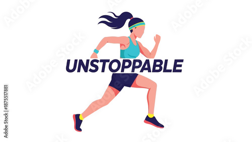 Woman in motion running with determination and unstoppable attitude in fitness