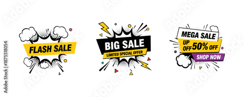 Comic Sale Banners Set – Flash Sale, Big Sale, Mega Sale Pop Art Vector