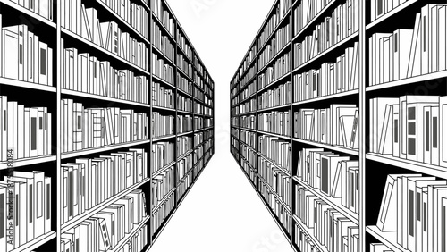Infinite library bookshelves perspective line art illustration.