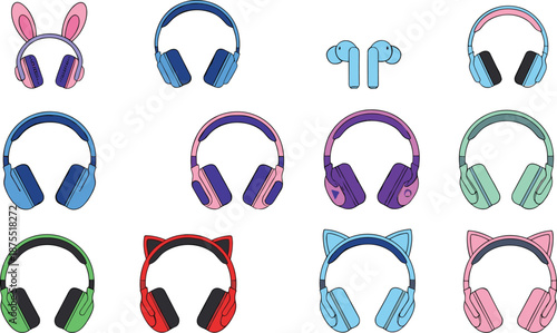 Colorful headphones and wireless earphones vector set with cute cat ears gaming music audio accessories illustration