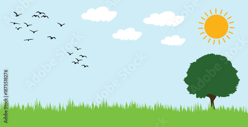 Sunny nature landscape vector illustration with green grass tree black birds  blue sky clouds flying birds peaceful outdoor spring scenery