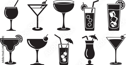 A diverse collection of cocktail and beverage glass silhouettes for bar and party designs Vector