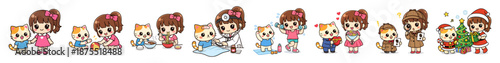 Charming vector illustration set of a girl and cat in various playful scenarios: playing, cooking, and celebrating. Adorable characters depicted in colorful and joyful themes.