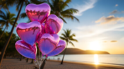 Happy valentine day beach sunset with pink heart balloons