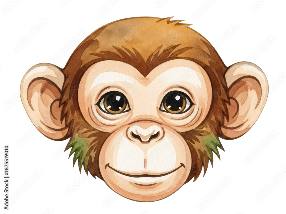 Obraz premium Monkey with green leaf around its neck and black background behind it.