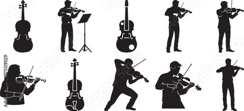 Various black silhouettes showcasing people playing the violin and musical instruments Vector