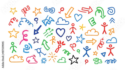 Playful Assortment of Colorful Symbols: A lively collection of hand-drawn symbols dances across the scene, a visual feast of cheerful icons and artistic expressions.