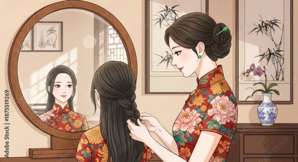 Obraz premium Woman in traditional cheongsam dress styling her long dark hair
