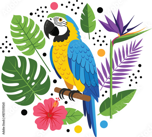 Colorful tropical parrot vector illustration with monstera leaves hibiscus flowers and exotic botanical jungle elements