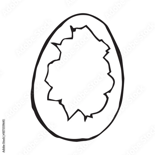 Broken egg shell illustration in black line art with a round cracked opening in the center, hollow inside, isolated on white. Whimsical hand drawn design element for Easter, templates