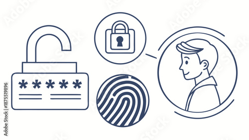 Digital security concept with fingerprint and password unlock.