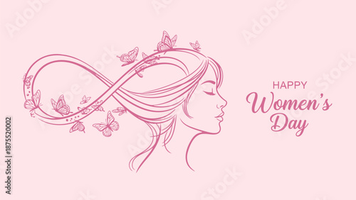 Happy women's day illustration with pink butterfly design and female face profile