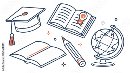Education symbols including graduation cap open books pencil and globe.
