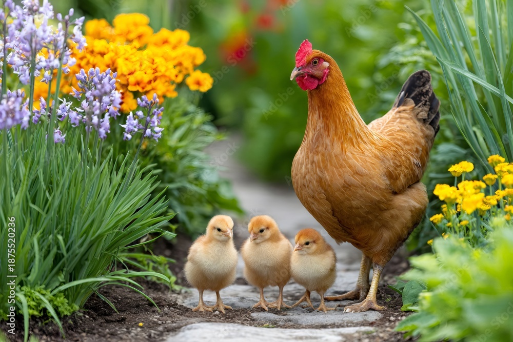 Fototapeta premium Hen fostering chicks in a vibrant spring garden