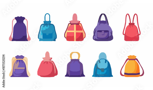 Cartoon drawstring bag vector icon collection of colorful sacks and pouches