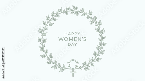 Happy women's day celebration with floral wreath and female symbol on white background