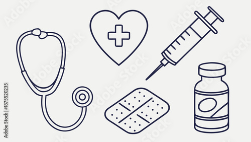 Medical icons stethoscope syringe heart bandage and medicine bottle.