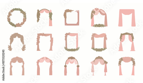 Romantic wedding arch cartoon icon set with floral party decorations for marriage ceremony