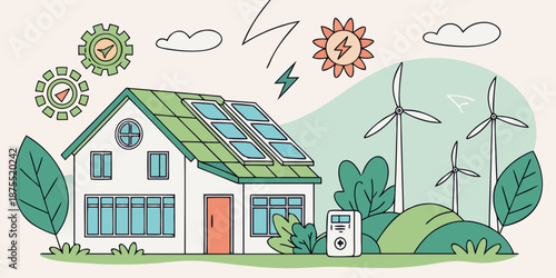 Modern Eco-Friendly Home Harnessing Clean Renewable Energy Sources Like Solar Panels and Wind Power for a Sustainable and Responsible Future