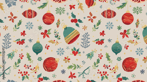 Vector illustration of a beautiful Christmas pattern featuring fabric motifs and ornaments, designed for wrapping paper, with a flat design style