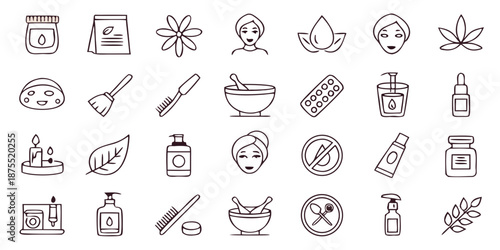 Natural beauty and wellness line art icons. Organic skincare, essential oils, herbal remedies, cosmetic ingredients, and self-care elements for eco-friendly branding