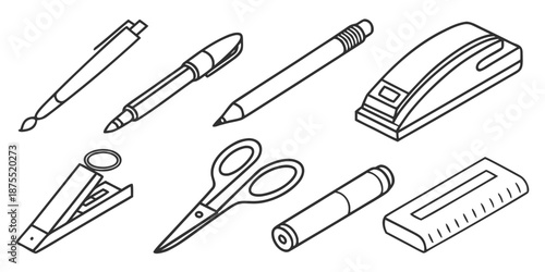 Modern Isometric Line Art Icons Comprehensive Set of Essential Office and School Stationery Supplies and Tools for Productivity and Creative Projects