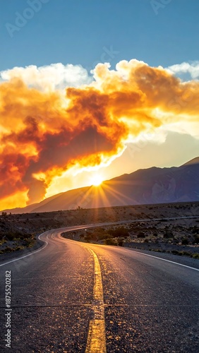 Winding road leads to a sunlit horizon behind mountains under a fiery, cloud-filled sky at sunset