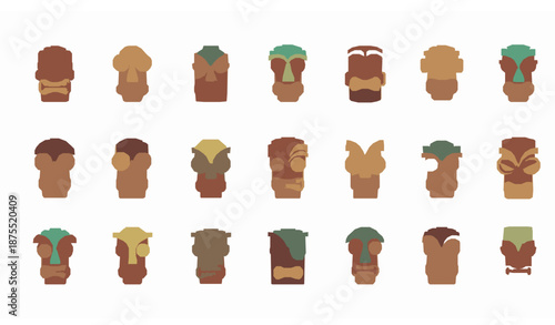 Tiki idols cartoon icon set with Polynesian tribal symbols for web design